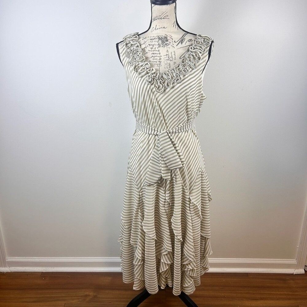 Dressbarn Womens 14 Midi Dress Beige White Striped Ruffle Neck Tiered Skirt Belt